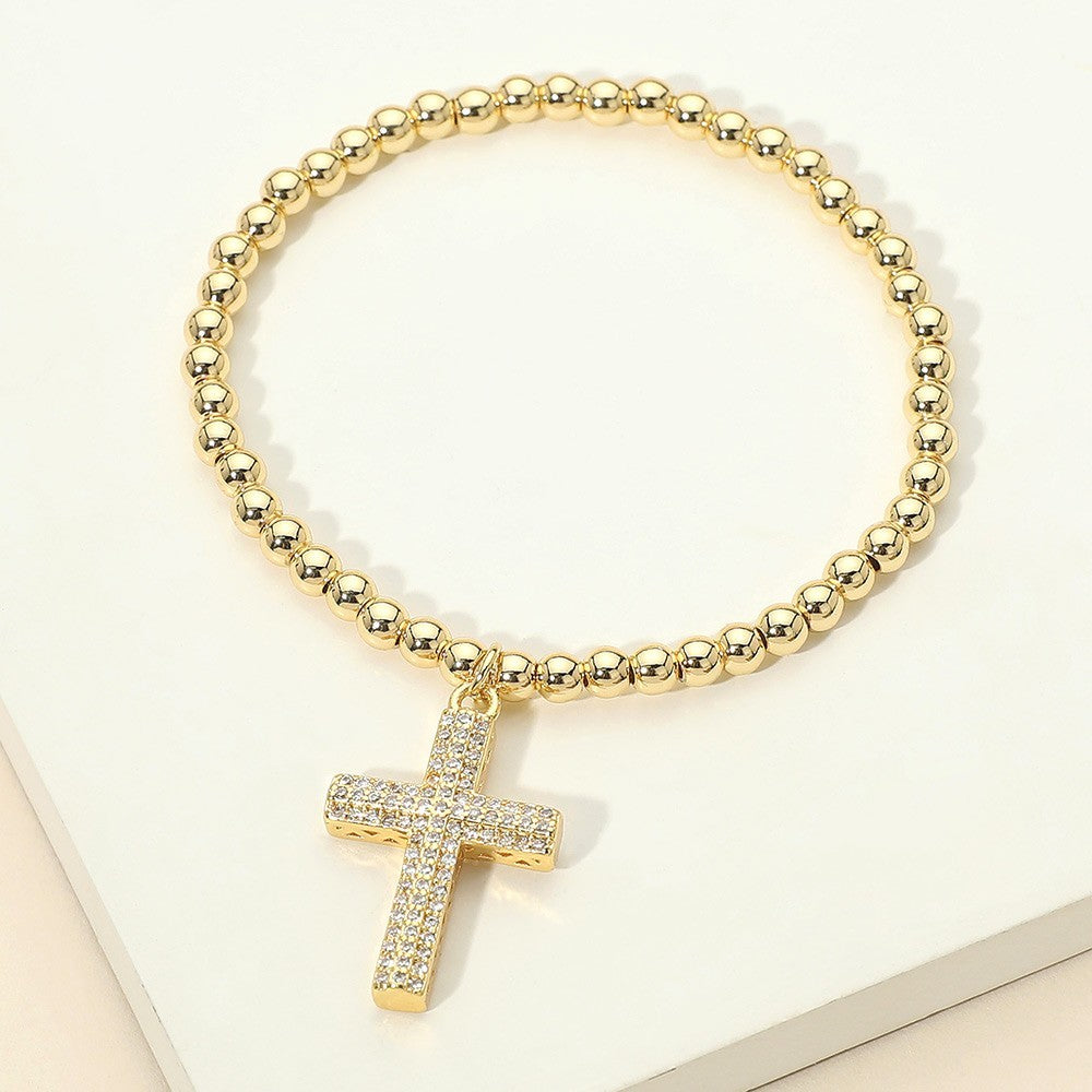 Gold Tone Stainless Steel Paved Clear CZ Cross Charm Beaded Stretch Bracelet