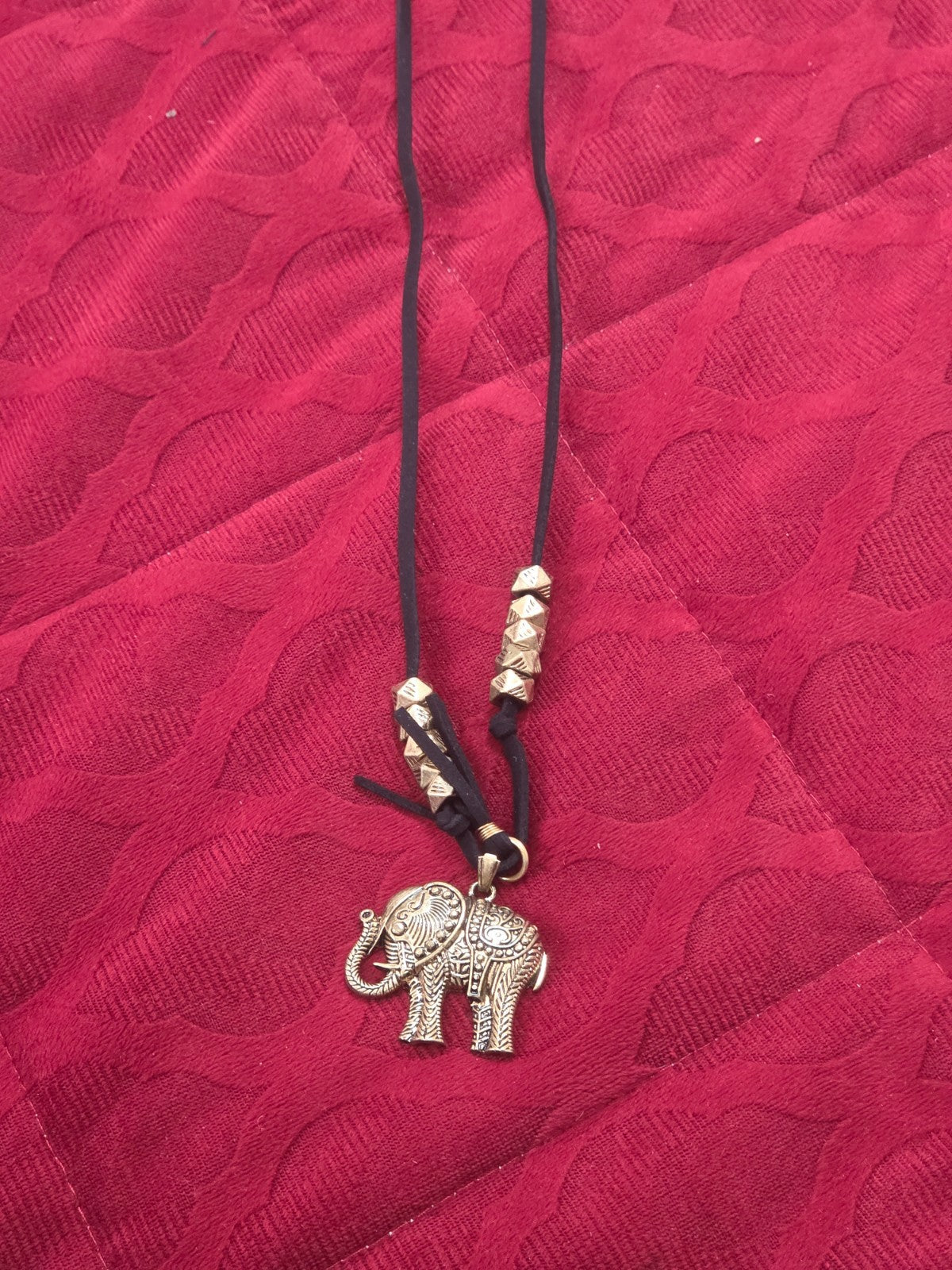 Long Bohemian Elephant Pendant Necklace & Stud Earrings Set Black Cord