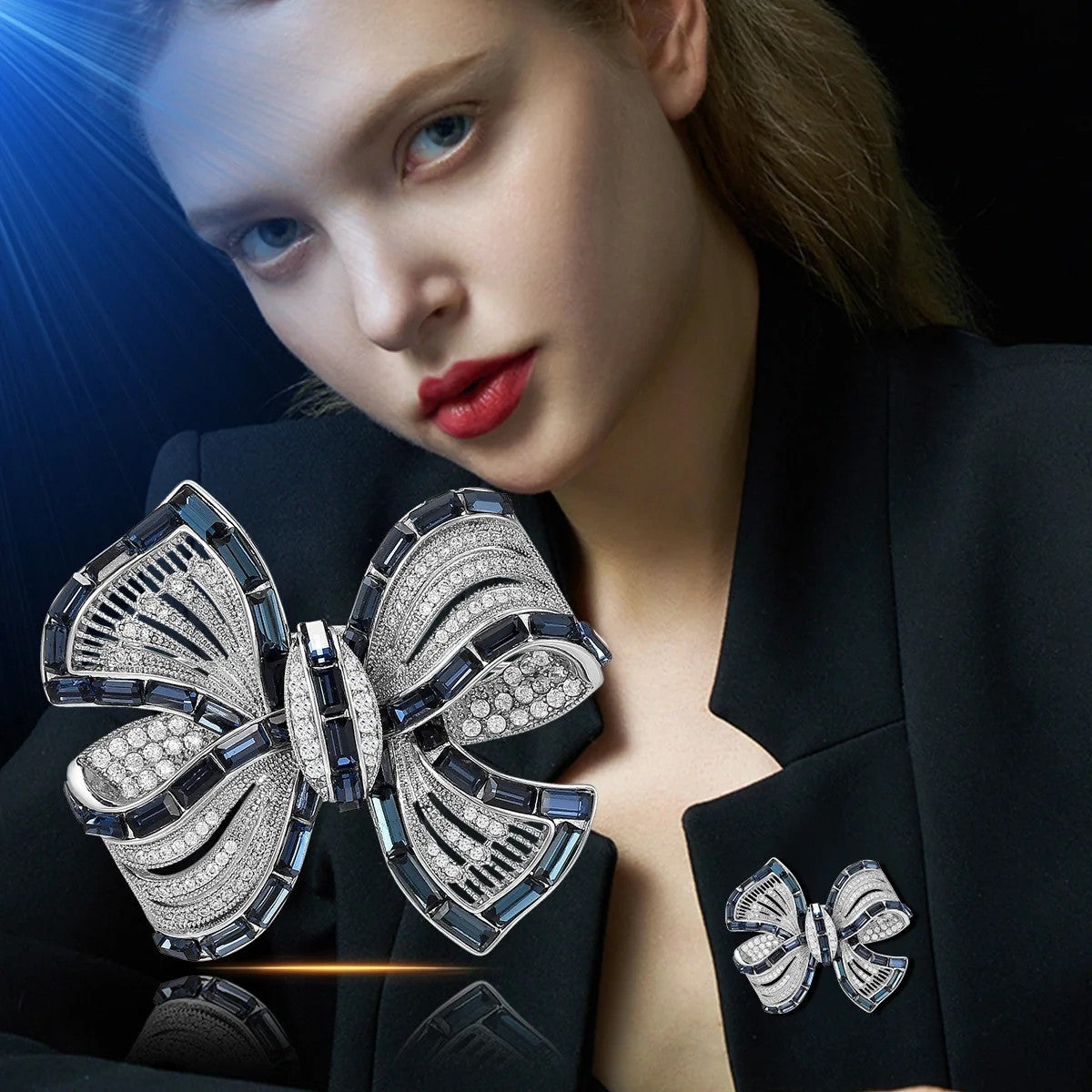 2pcs Sparkling Rhinestone Bow Brooch Pin Set Blue Pink Silver Tone Fashion