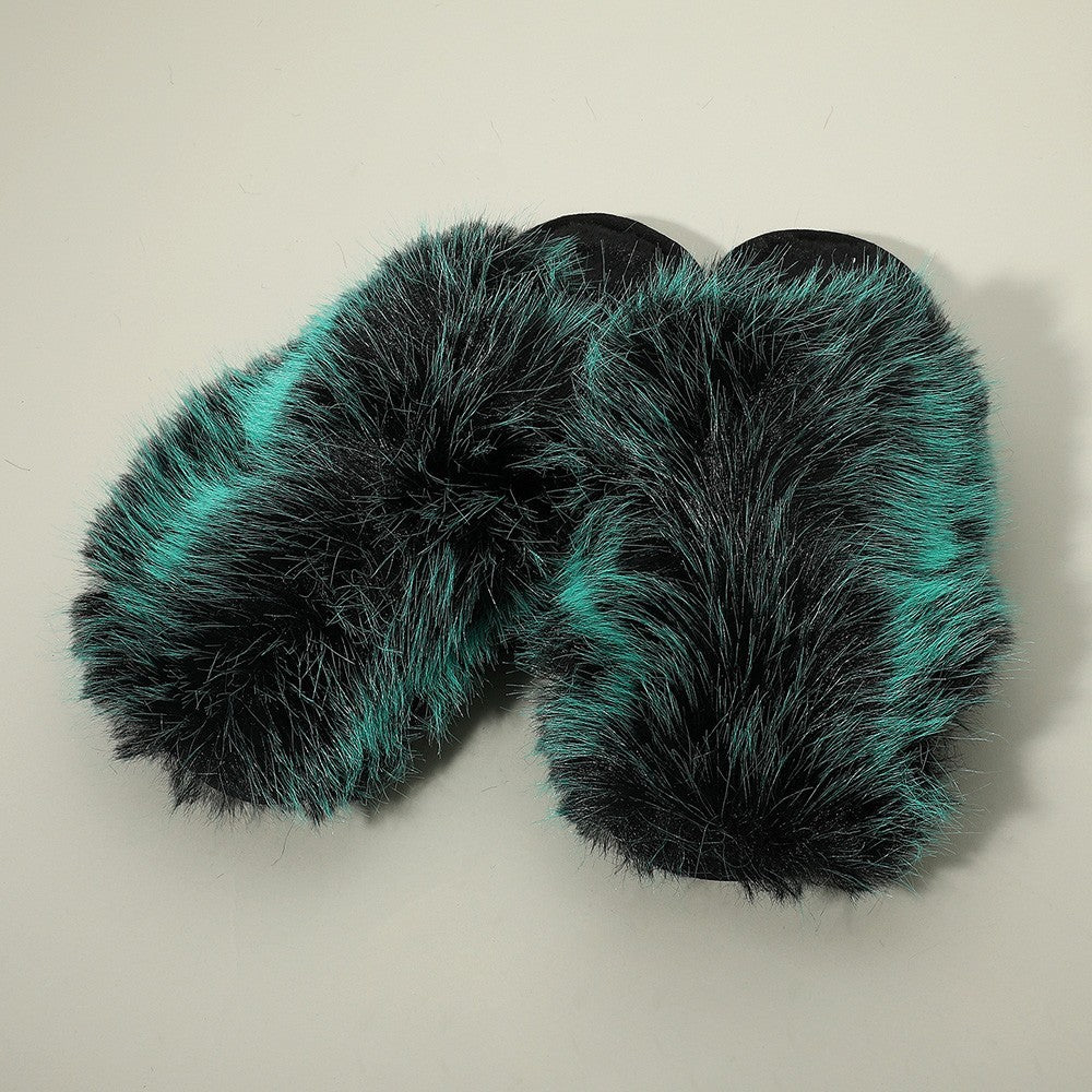 Fluffy Faux Fox Fur Indoor Slippers Green Black Cozy Plush House Shoes for Women
