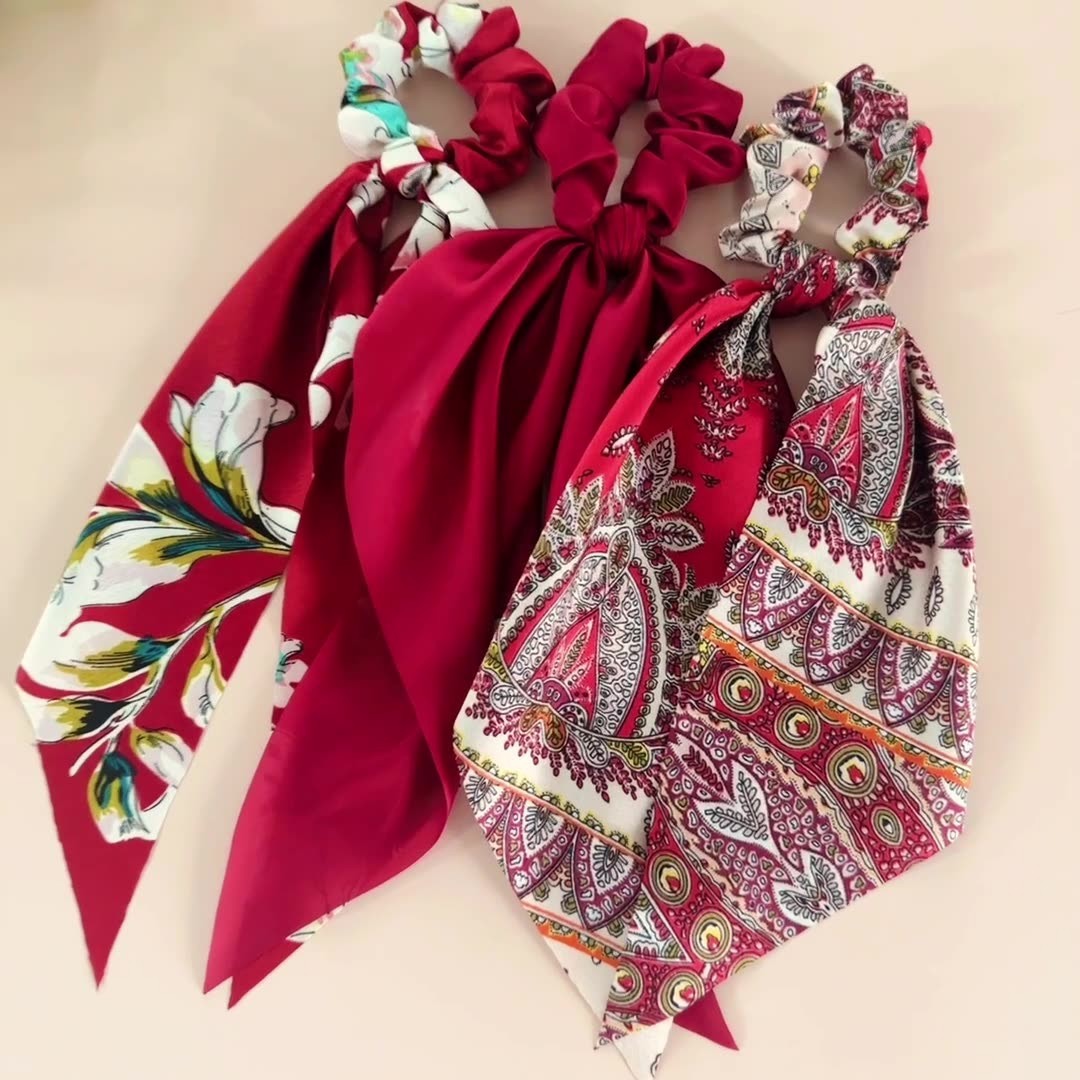 3pcs Red Floral Paisley Satin Scarf Scrunchies Hair Bow Ponytail Holder