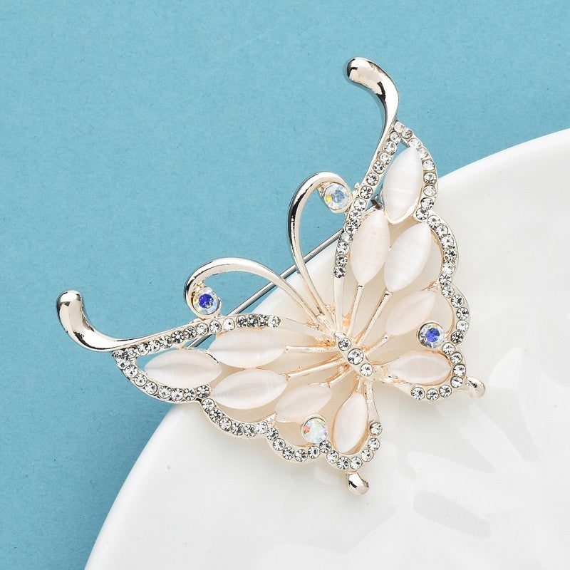 Butterfly Brooch Pin Crystal Rhinestone Opal Wings Gold Tone Women Fashion