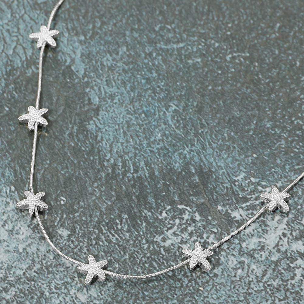Silver Starfish Snake Chain Station Necklace Sparkling Coastal Beach Jewelry