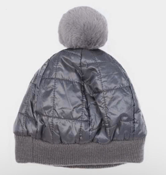 Grey Ribbed Knit Fold-Over Cuff Warm Winter Pom Beanie Hat One Size Fits Most
