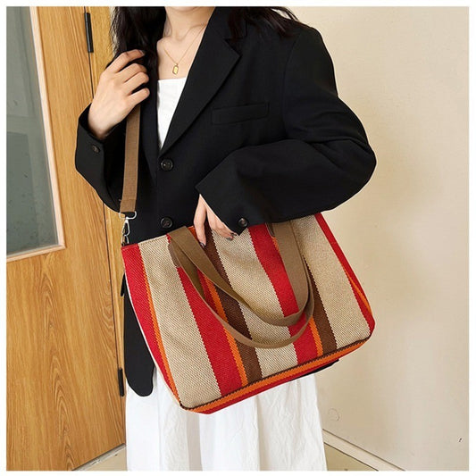 Women's Striped Canvas Tote Bag with Crossbody Strap – Beach Travel Shoulder Bag