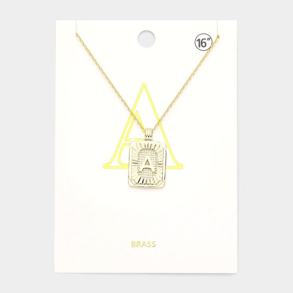 Gold Initial "A" Rectangular Sunburst Pendant Necklace - Brass Fashion Jewelry