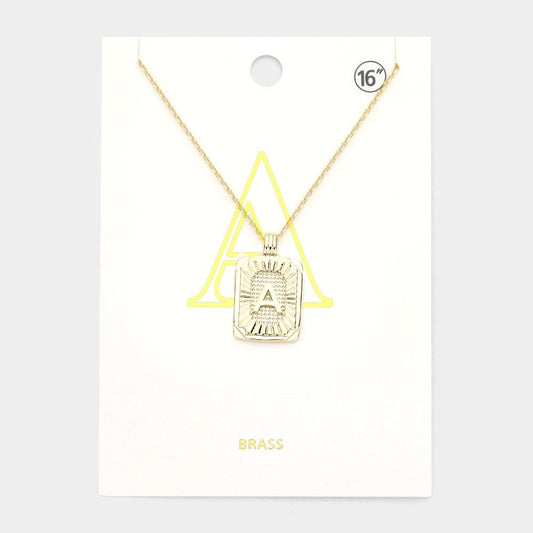 Gold Initial "A" Rectangular Sunburst Pendant Necklace - Brass Fashion Jewelry