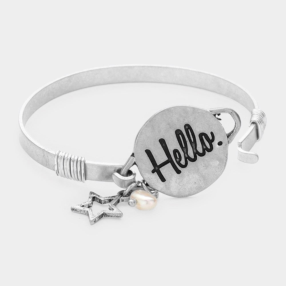2pc Distressed Metallic Hello Bangle Set with Star and Faux Pearl Charms