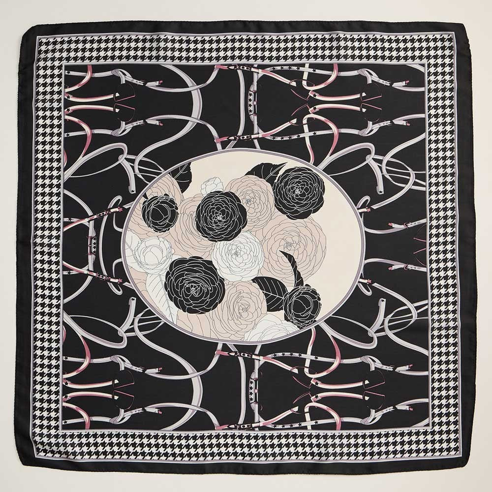 Black Rose Bouquet Houndstooth Square Silky Satin Scarf  Elegant Floral Print