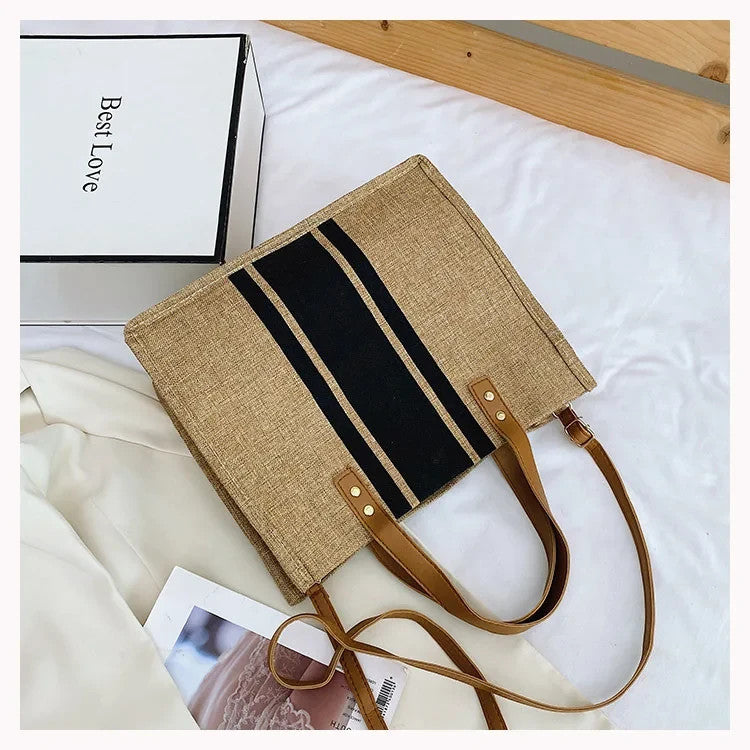 Canvas Stripe Bucket Handbag for Women Large Capacity Casual Tote Shoulder Cross
