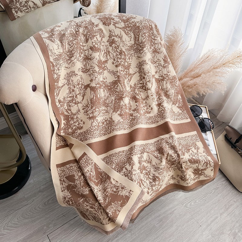 Oversized Light Tan Toile De Jouy Print Blanket Scarf Shawl Wrap Fringed Warm