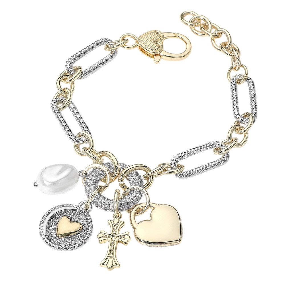 Two-Tone Mixed Metal Heart & Cross Multi-Charm Link Bracelet with Pearl Accent