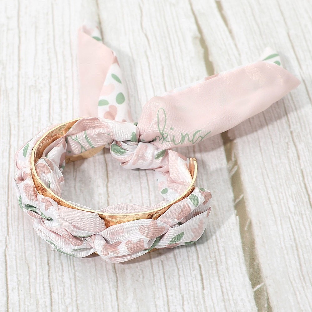 Pink Floral Satin Scarf Wrap Gold Bangle Bracelet Chic Boho Wrist Accessory