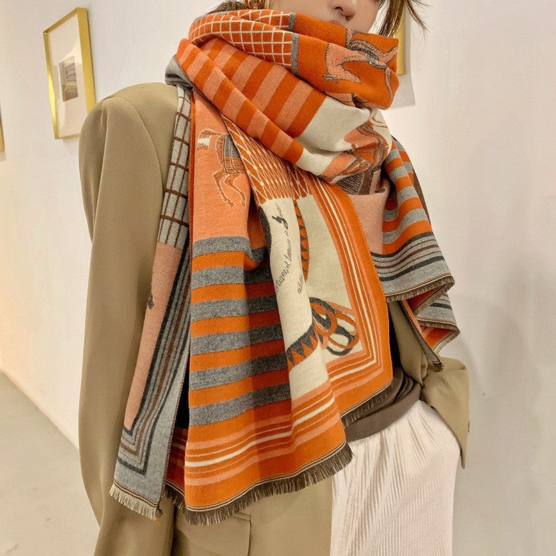 Oversized Orange Grey Horse Print Shawl Wrap Cashmere Feel Scarf Equestrian Chic