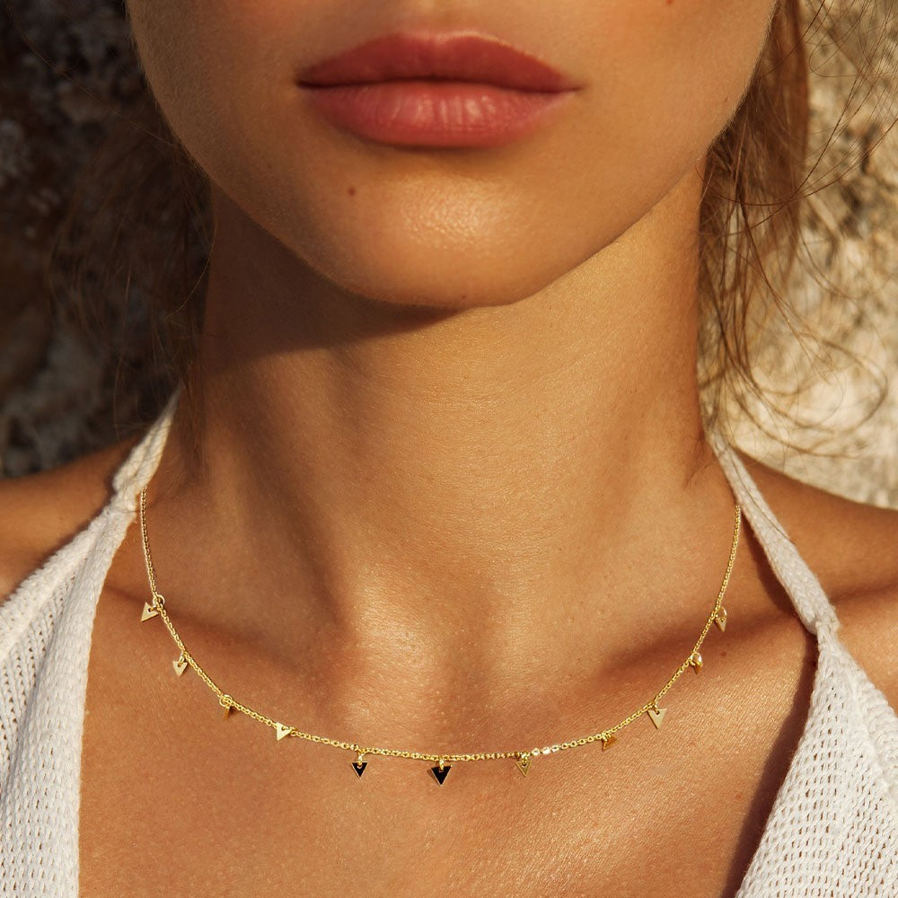 Gold Dipped Metal Triangle Dangle Charm Station Necklace Jewelry for Women