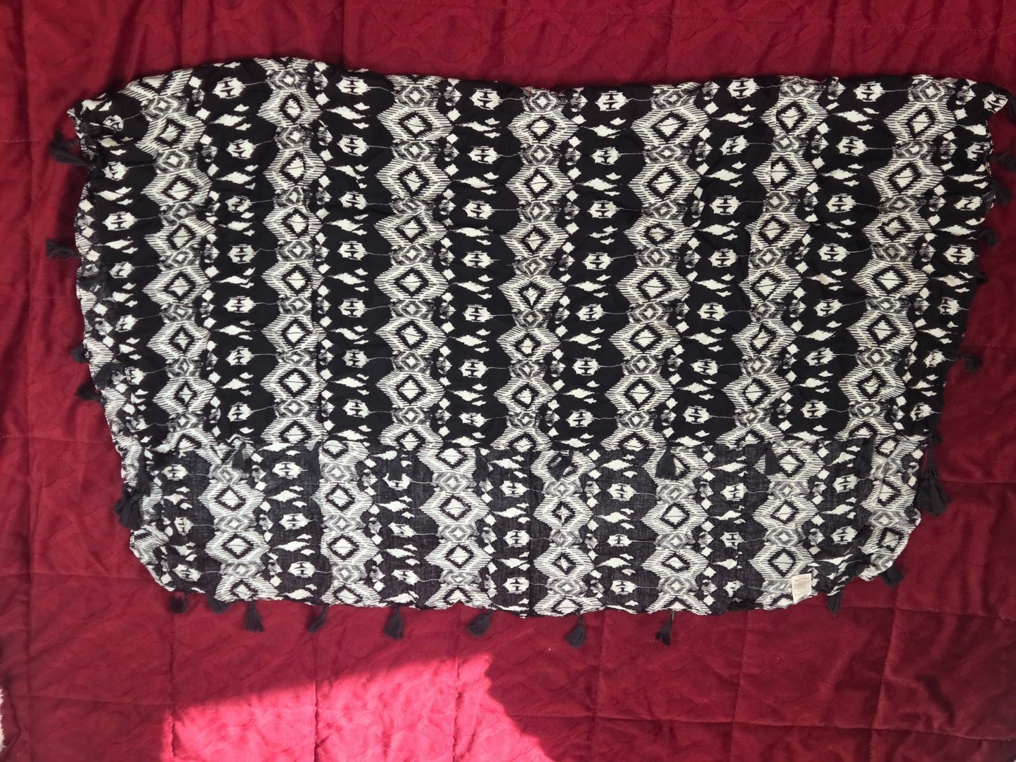Ikat Geometric Tassel Scarf Wrap Shawl Black White Viscose Boho Festival New