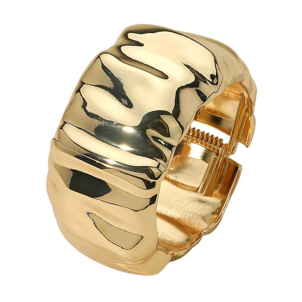 Gold Tone Hammered Metal Hinged Bangle Bracelet Textured Wide Elegant Jewelry