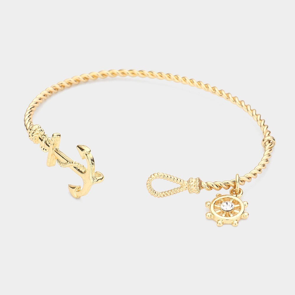 Gold Nautical Anchor and Helm Charm Hook Bracelet for Women Boho Coastal Style