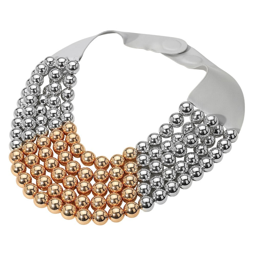 Mixed Metal Multi-Strand Bib Necklace Gold Silver Tone Bead Statement 17.5"