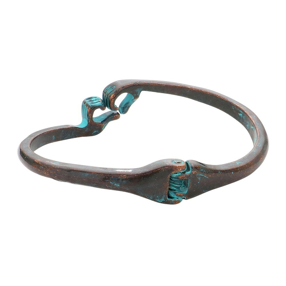 Rustic Patina Heart Hands Bracelet Sculpted Wrench Design Hinged Closure