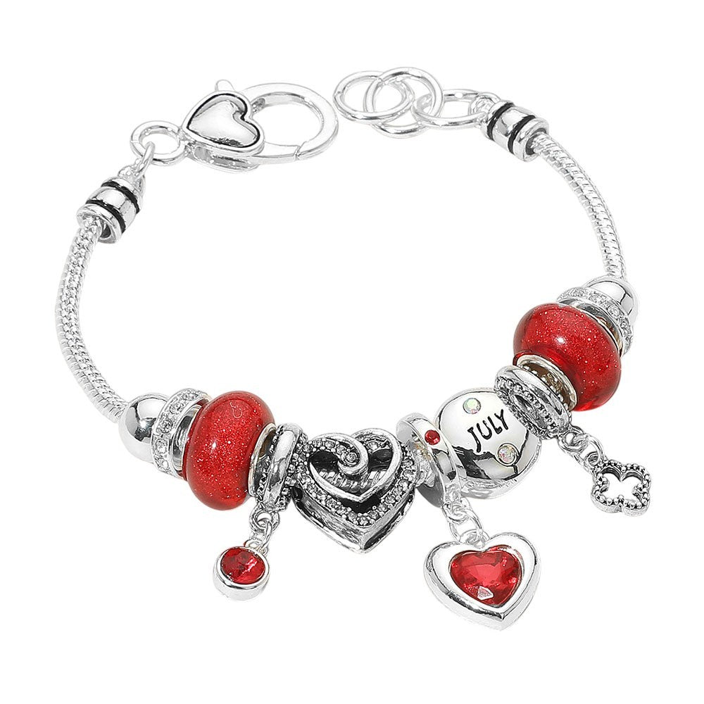 July Birthstone Bracelet Red Beaded Heart Charm Stretch Jewelry Gift for Women