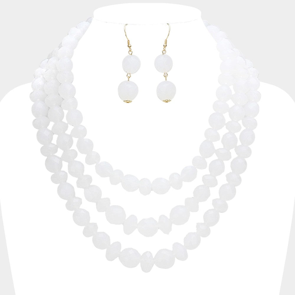 White Chunky Beaded Multi Strand Necklace and Dangle Earring Set