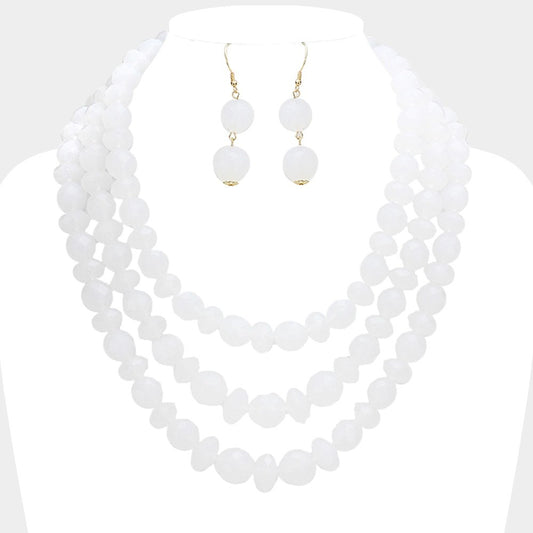 White Chunky Beaded Multi Strand Necklace and Dangle Earring Set