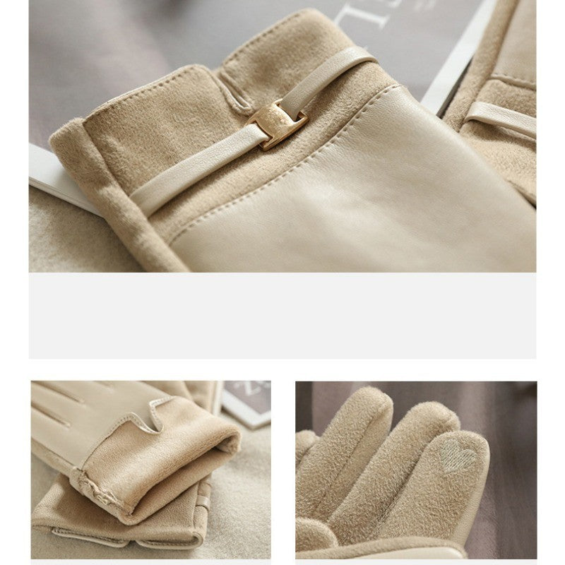 Women's Winter Gloves 2 Pairs Black Beige Gold Buckle Accent Smart Device Gloves