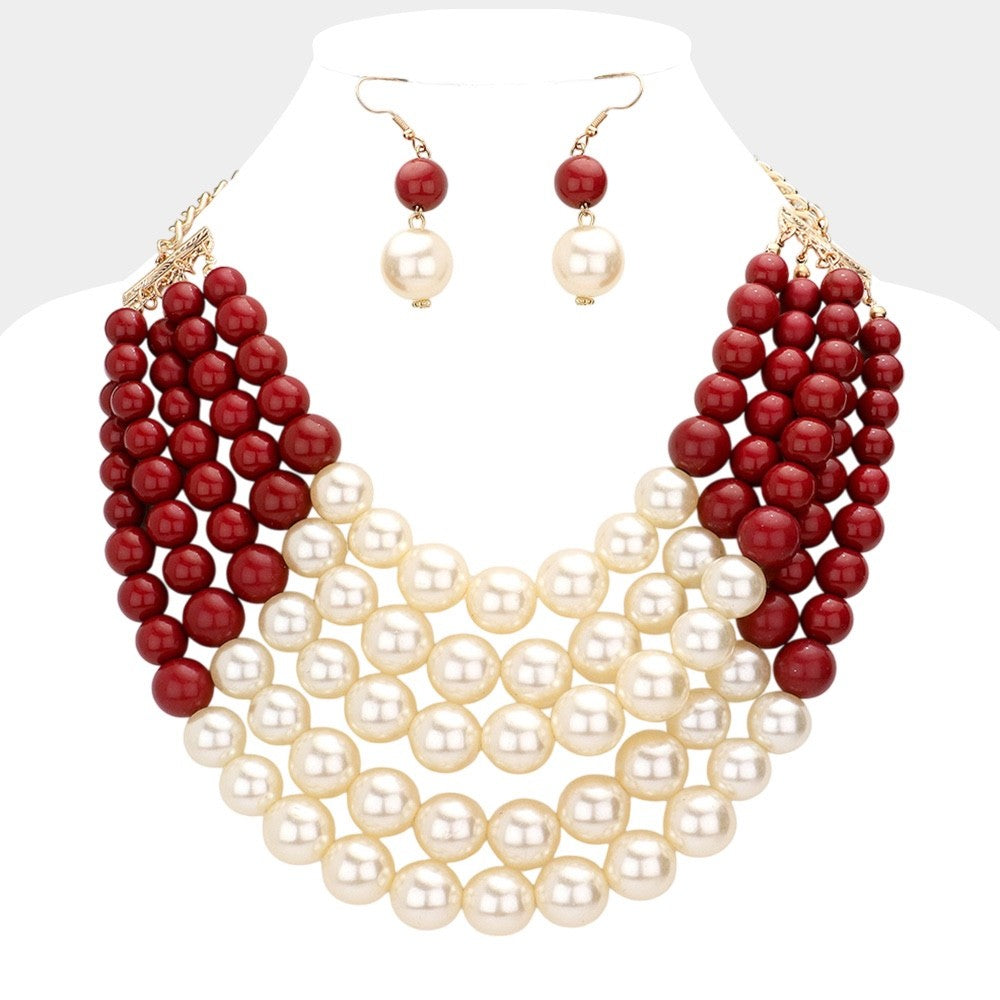 2pcs Red & Cream Faux Pearl Multi-Strand Statement Necklace and Earring Set