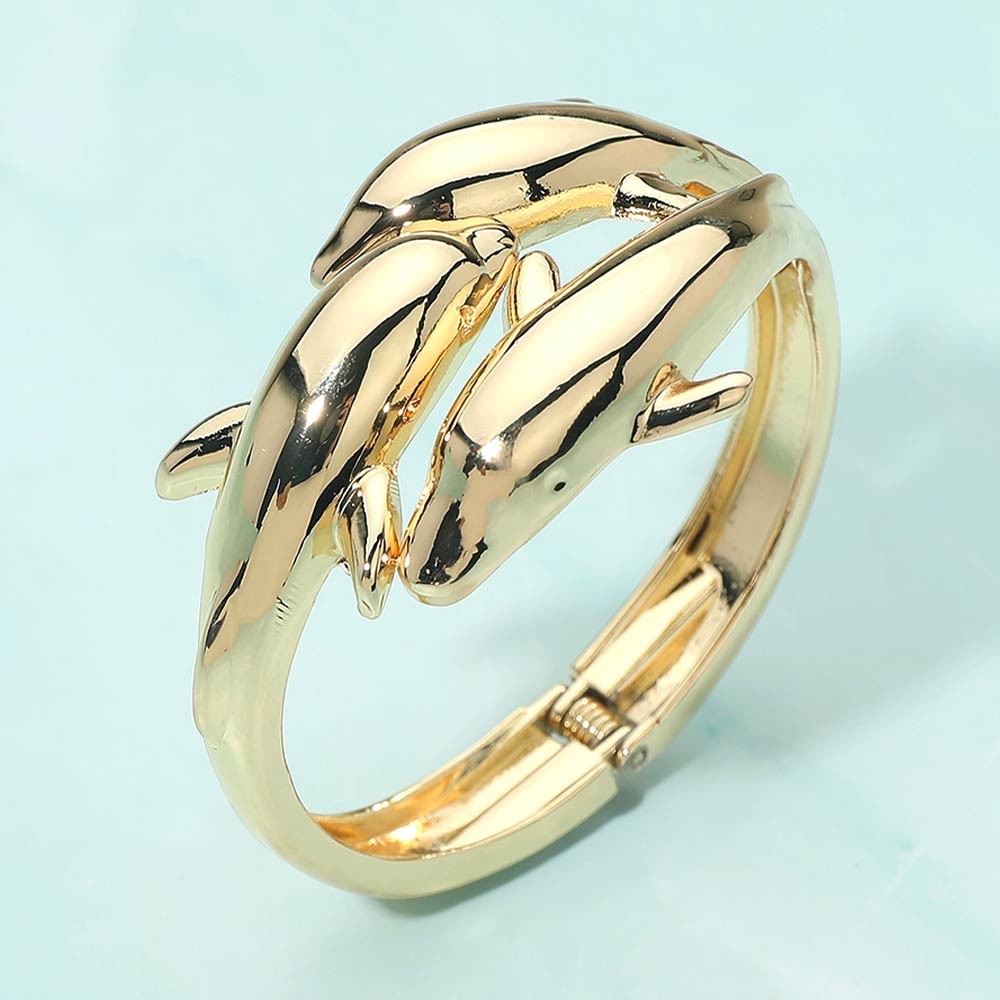 Gold Triple Dolphin Bypass Hinged Bangle Bracelet - Nautical Tropical Jewelry
