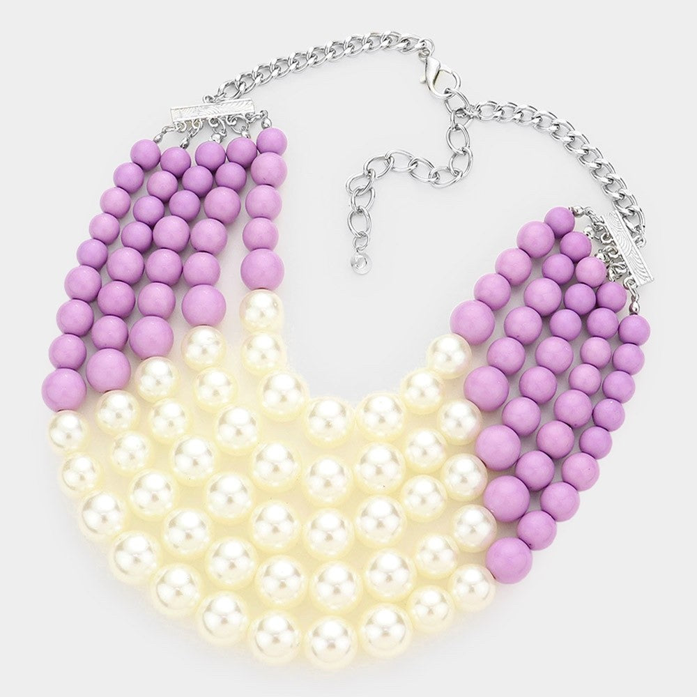 2pcs Lavender and Cream Faux Pearl Multi-Strand Statement Necklace & Earring Set