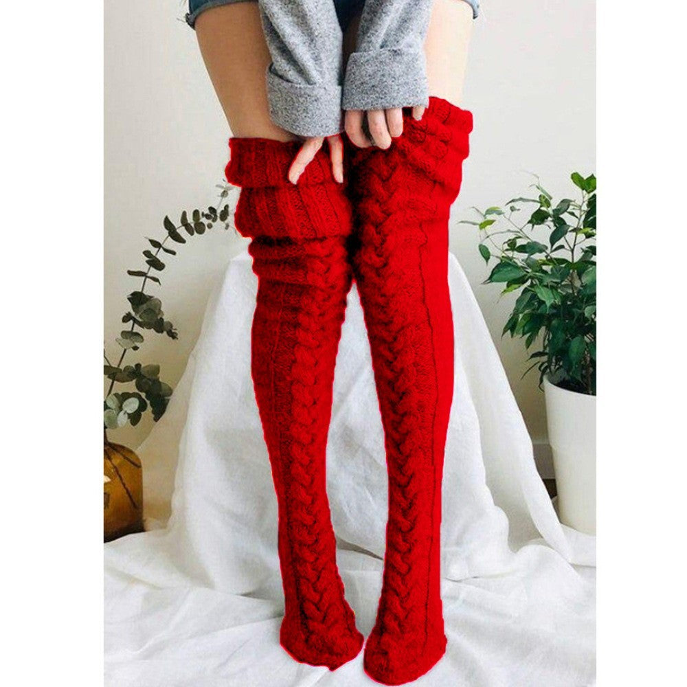 Red Cable Knit Thigh High Socks Warm Winter Over Knee Long Boots Stockings