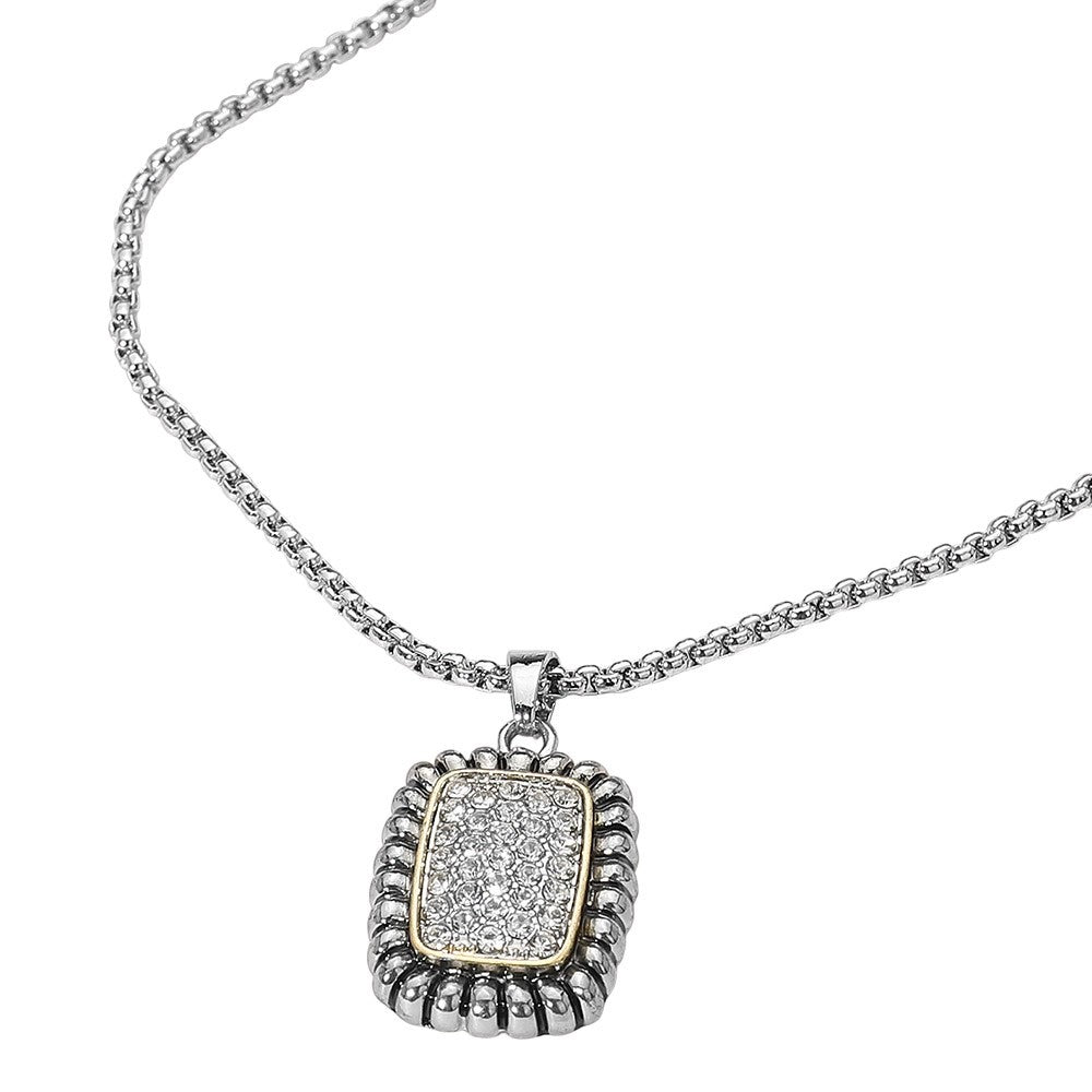 Silver Two-Tone Pave Rectangle Pendant Necklace with Adjustable Link Chain 18"