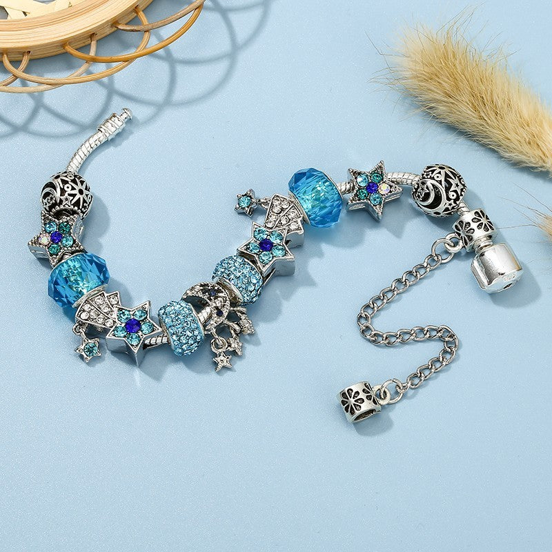 Blue Crystal Star Moon Celestial Charm Bracelet Modular Bead System Jewelry Gift