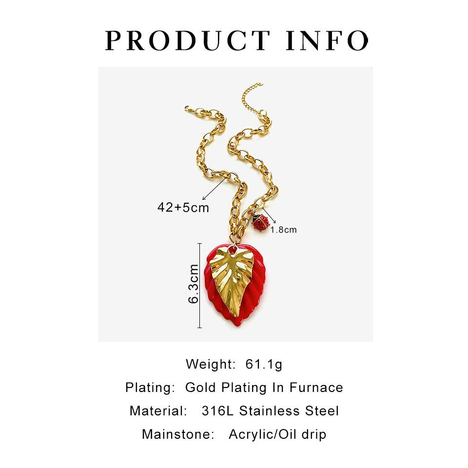 Oversized Red Leaf & Ladybug Charm Gold Chain Necklace for Women