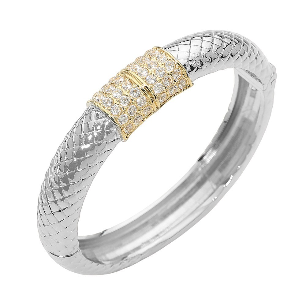 Two Tone 14K Gold Plated CZ Pave Accent Textured Bangle Bracelet Hinged Clasp