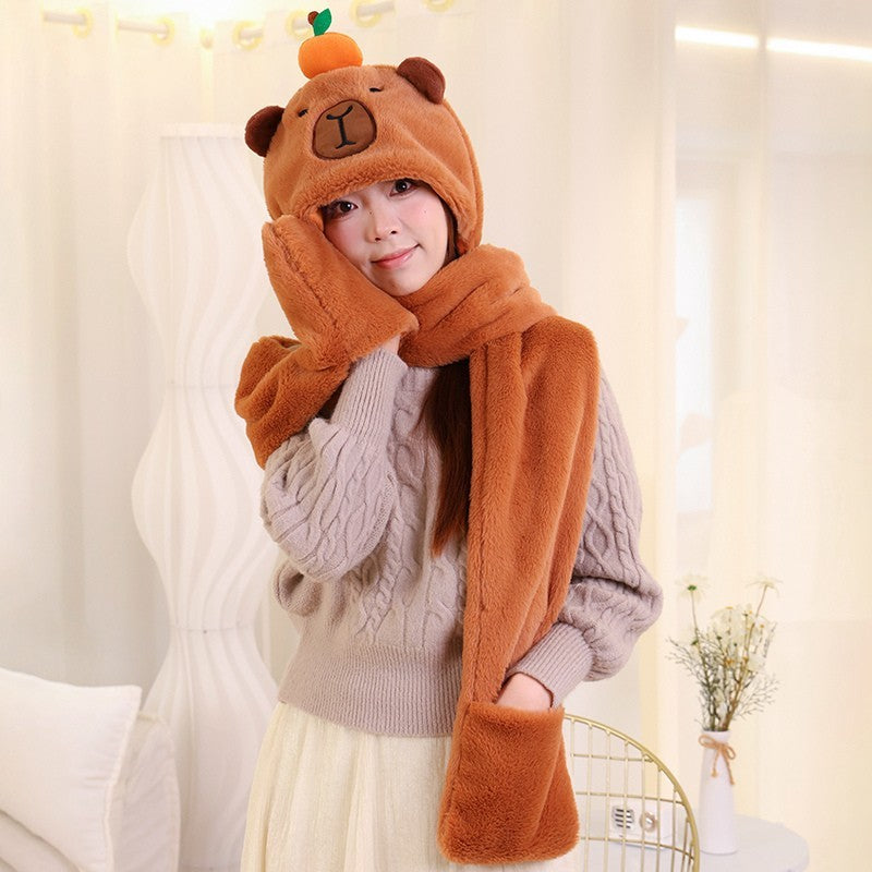 Cute Bear Plush Hat Scarf Mittens Set 3-in-1 Warm Winter Headwear