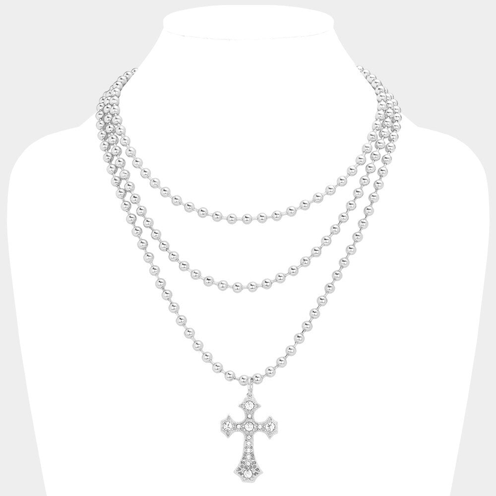 SECRET BOX_Stone Pointed Cross Pendant Bubble Chain Triple Layered Necklace