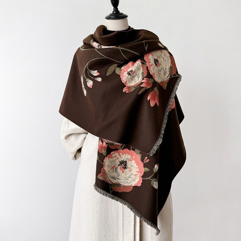 Elegant Reversible Floral Shawl Scarf Dark Brown Pink Oversized Fringe Wrap