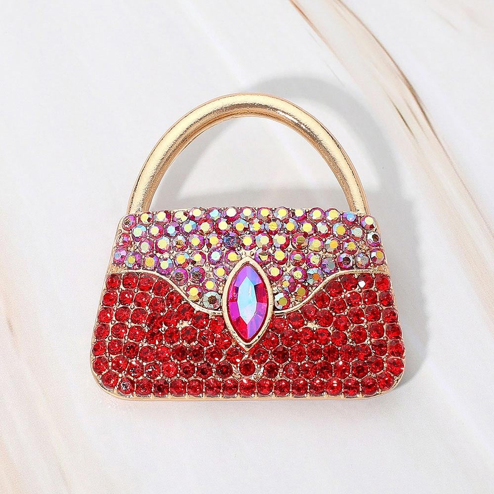2pcs Red and Gold Crystal Handbag Fashion Brooch Pin Statement Set