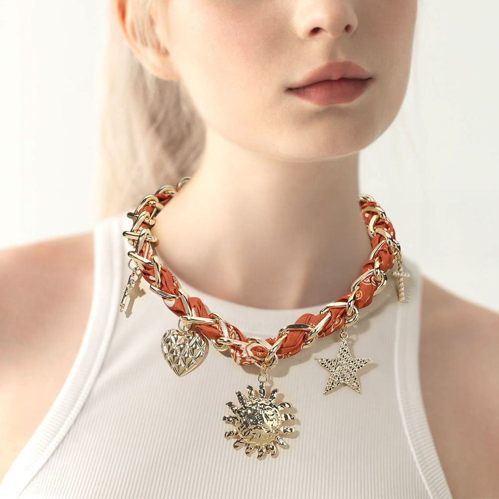 Sun Star Heart Cross Charm Bandana Fabric Chain Necklace Women Fashion Jewelry