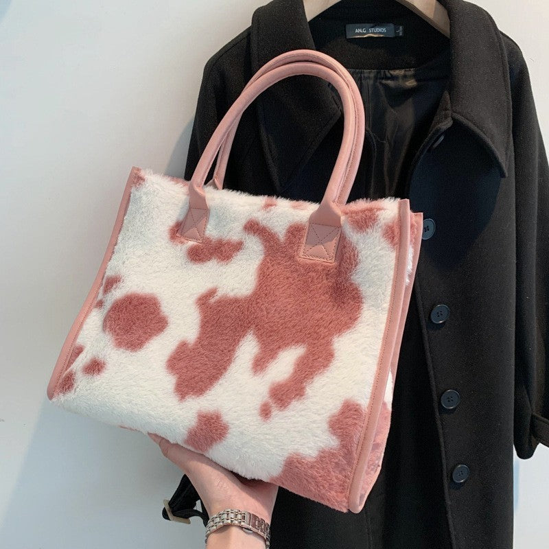 Pink Cow Print Fuzzy Tote Bag Shoulder Purse Fluffy Y2K Aesthetic Faux Fur