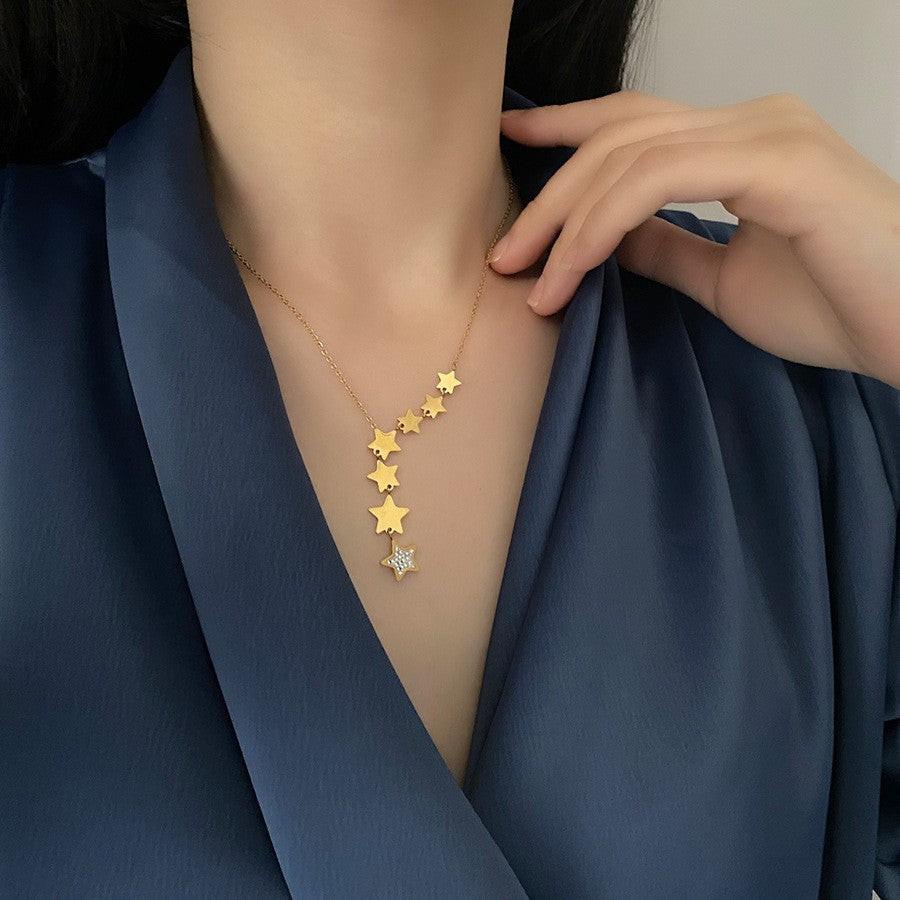 Dainty Gold Cascading Star Necklace Rhinestone Celestial Y-Shape Charm Jewelry