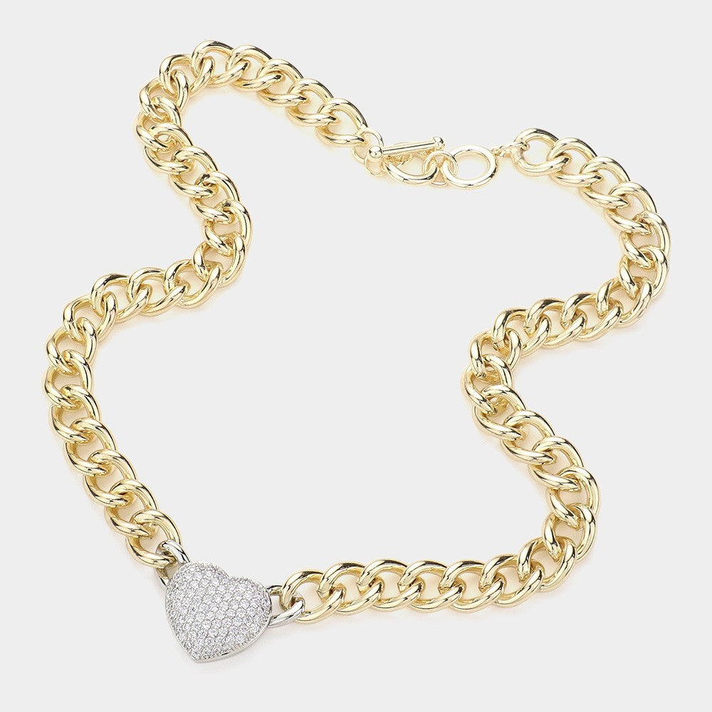 CZ Cubic Zirconia Stone Paved Heart Pendant Gold Chain Toggle Necklace for Women