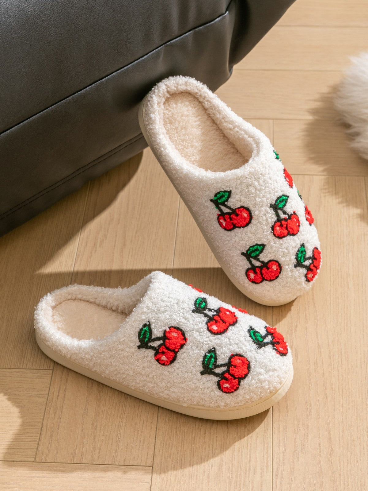 Warm Cherry House Slippers Women Sherpa Plush Fuzzy Non-Slip Indoor Home Shoes