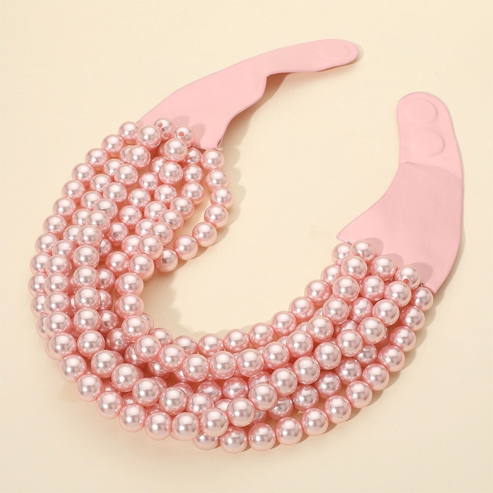 Pink Faux Pearl Multi-Strand Statement Bib Necklace Elegant Fashion Jewelry