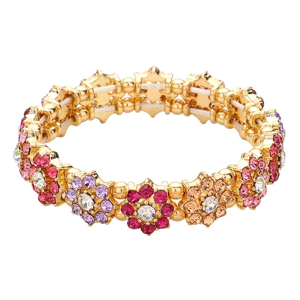 Gold Floral Crystal Stretch Bracelet with Multi-Color Rhinestones, 0.5 Inch