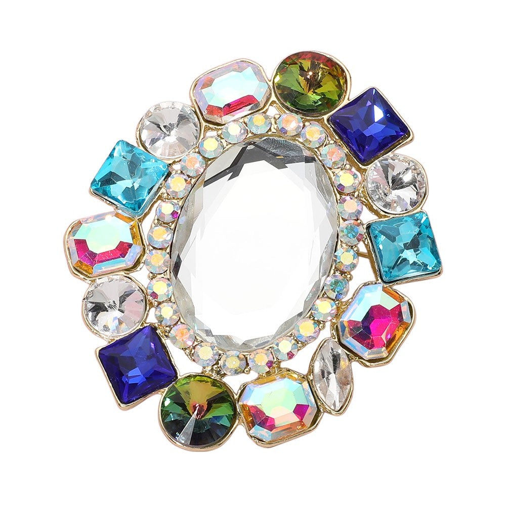Colorful Multi-Shape Crystal Cluster Statement Brooch Pin Gold-Tone Fashion