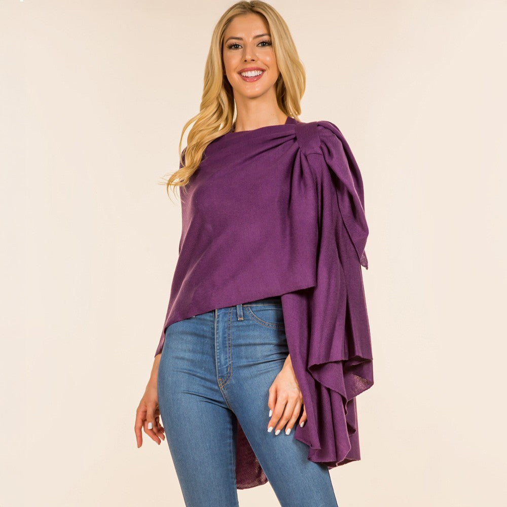 Women's Purple Knit Ruana Poncho Cape Shawl Wrap One Size OS Gathered Shoulder
