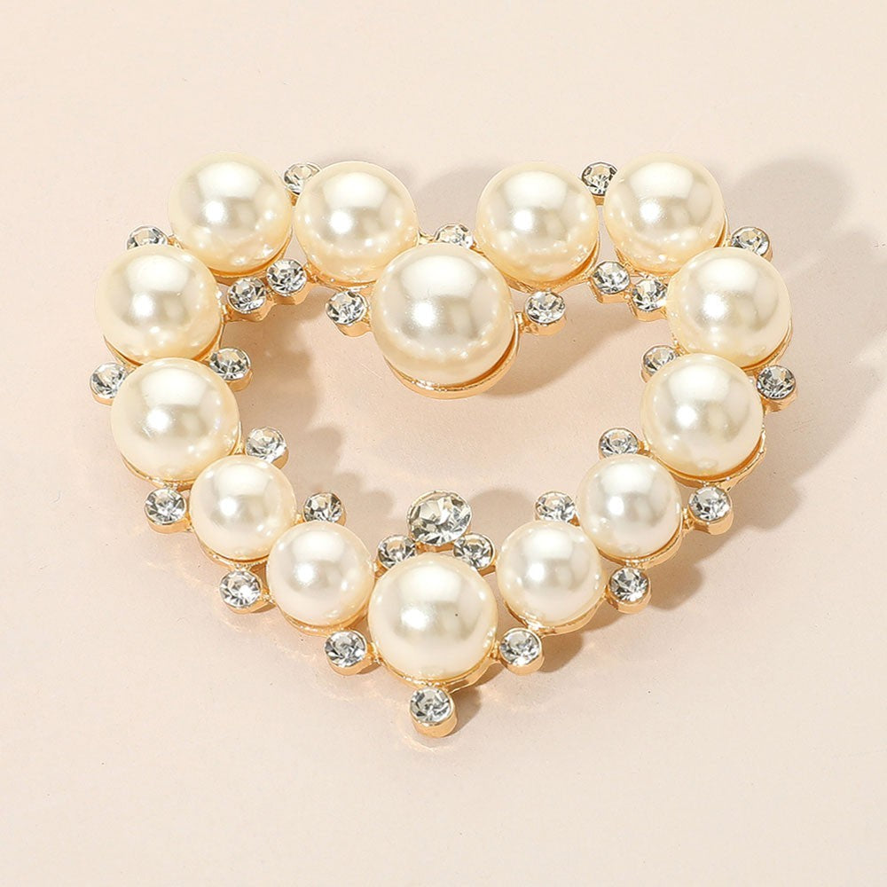 2PCs Faux Pearl Rhinestone Heart Brooch Set Gold & Silver Tone Pin Gift Duo